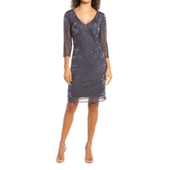 Pisarro Nights Dress Womens Size 2 Gray Beaded Knee Wedding Cocktail Party READ - Picture 1 of 12